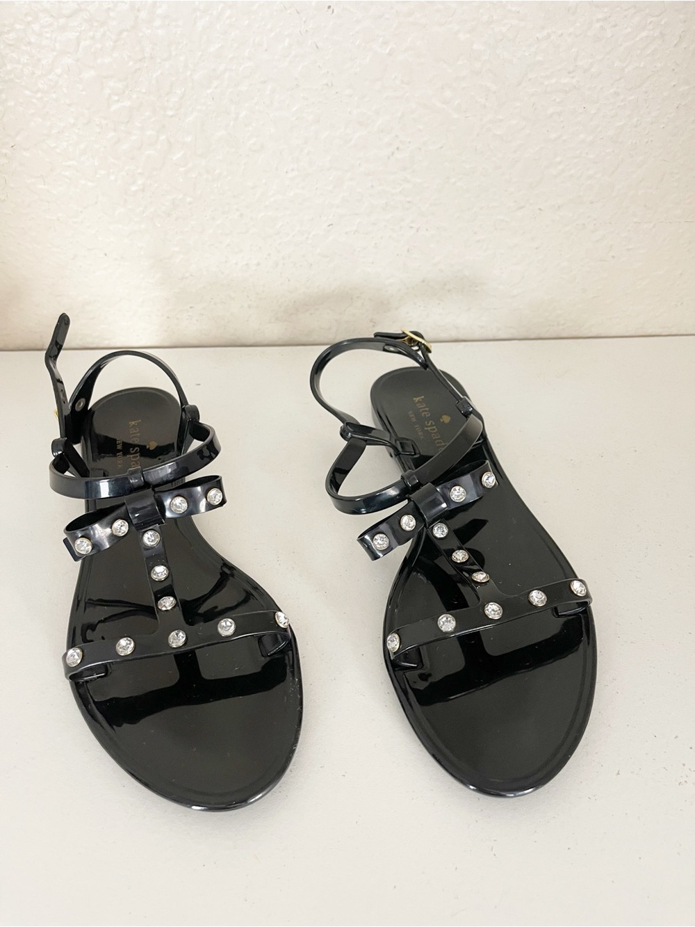 Kate Spade New York black jeweled T-strap jelly sandals with crystals and bow - Picture 2 of 10